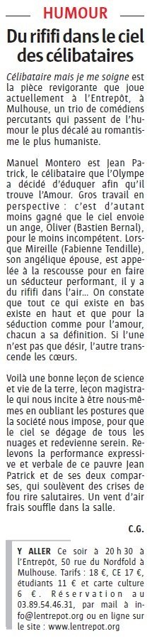 Article de presse consacré au spectacle Célibataire mais je me soigne