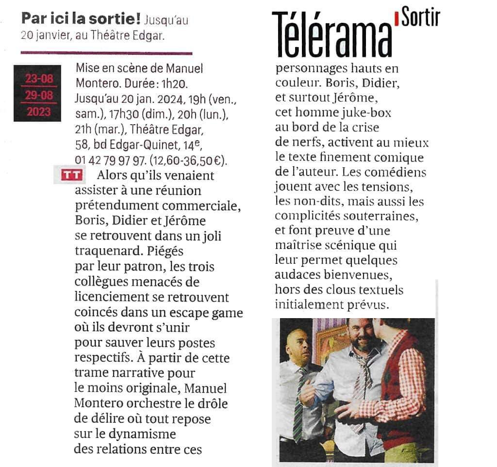 Article de presse Télérama consacré au spectacle Par ici la sortie !